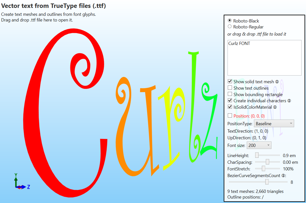 Curlz vector font in Ab4d.SharpEngine