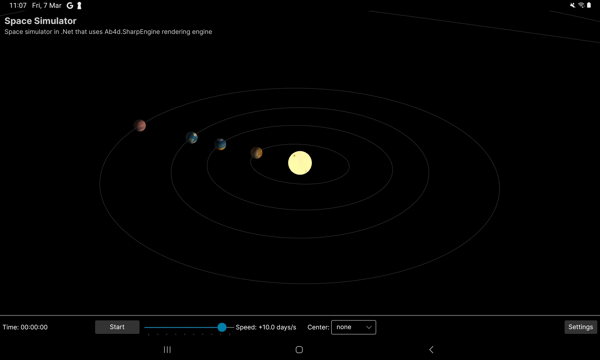 Space sumulator with Ab3d.SharpEngine in Andoid tablet