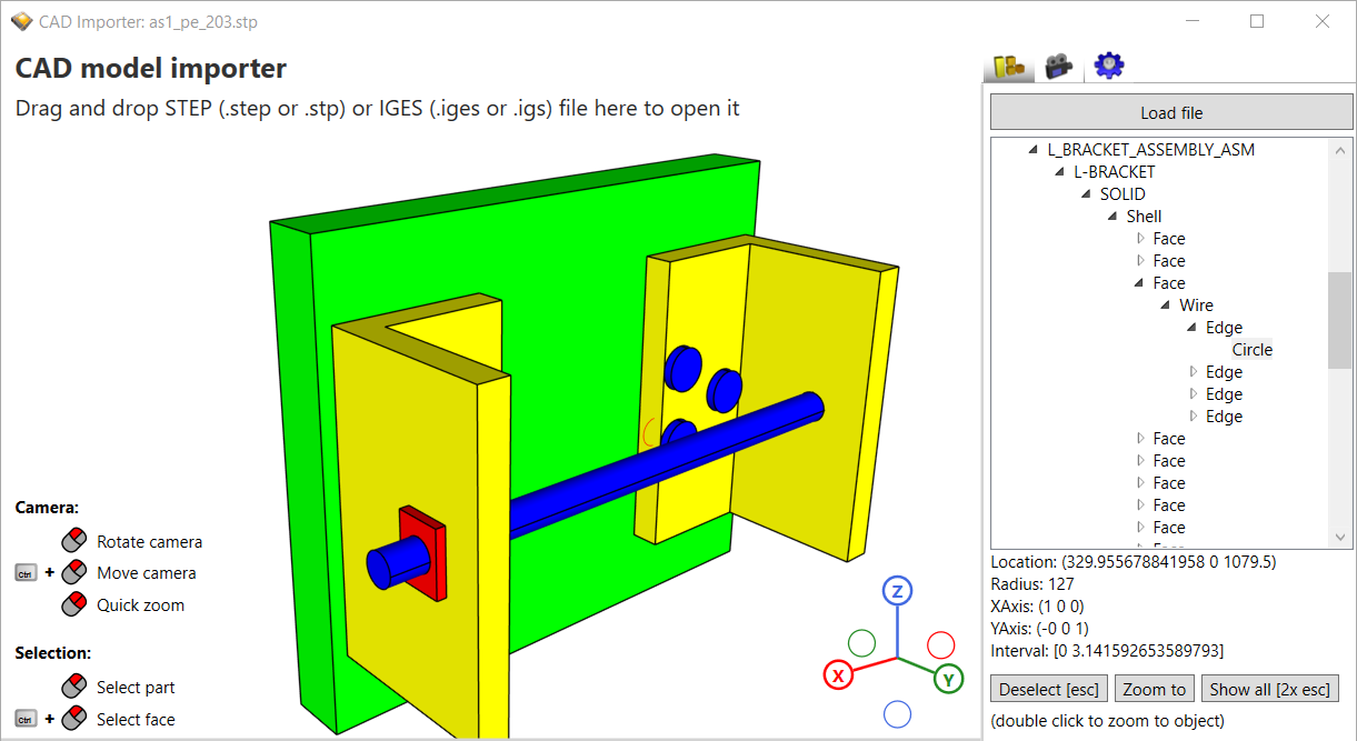 CadImporter app with opened STEP file (showing hierarchy of parts, faces and edges)