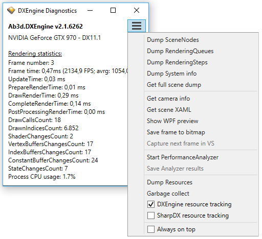 Ab3d.DXEngine Diagnostics menu