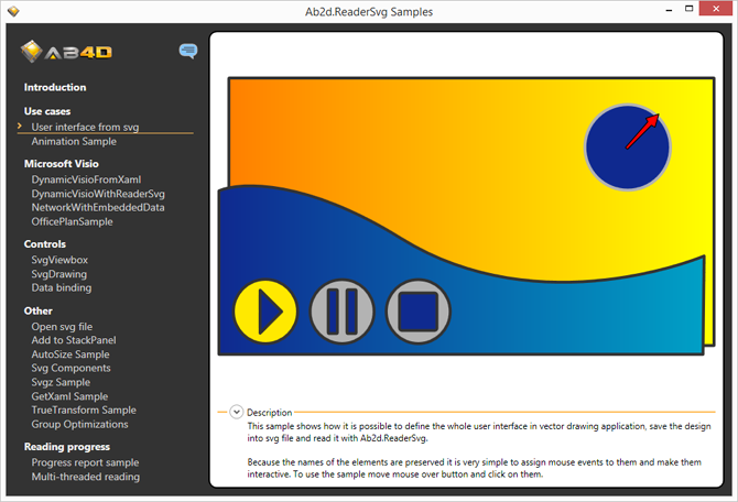 Simple user interface designed in vector drawing application and shown in WPF application with Ab2d.ReaderSvg